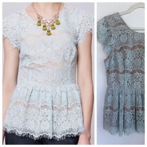 Anthropologie Maeve Katrine Lace Peplum Cap Sleeve Blouse Top in Mint Blue Sz M